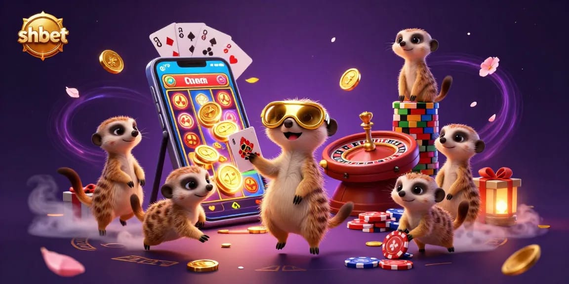 Experience the excitement of shbet with meerkats running a vibrant casino operation, showcasing games and winning moments.