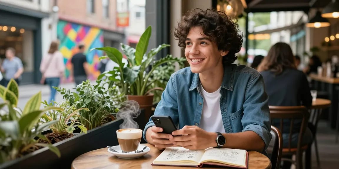 Youthful individual dreaming of a crush on someone while enjoying coffee at a trendy café.