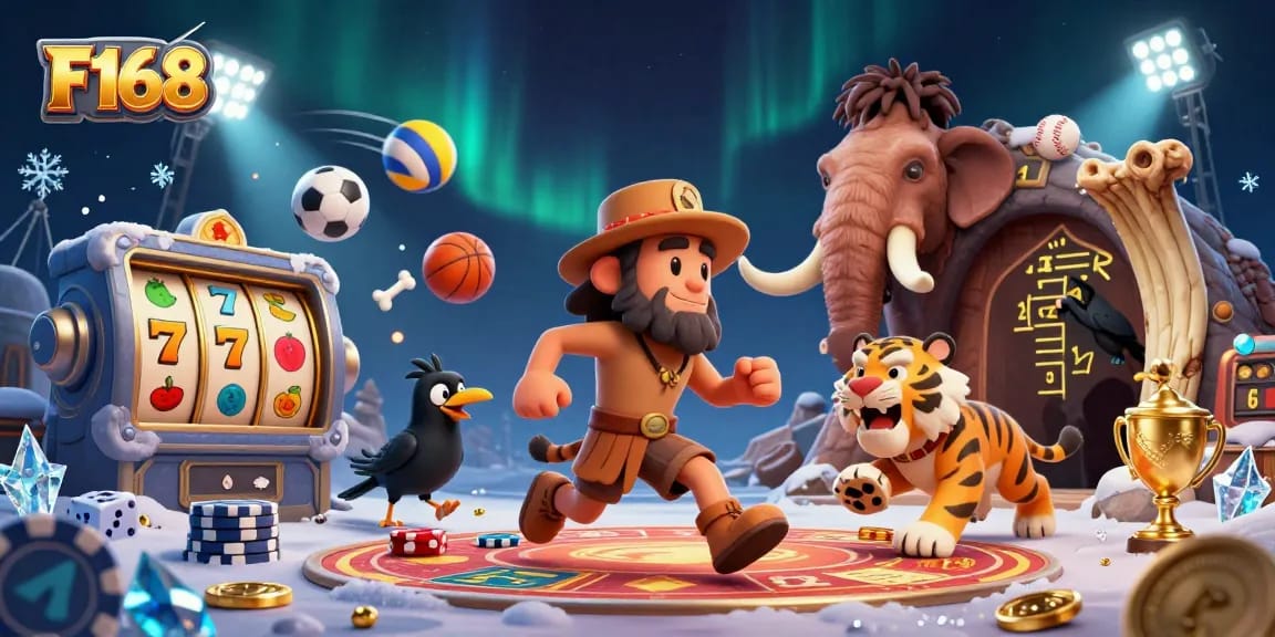 Experience thrilling gameplay at F168's prehistoric casino, featuring cavemen, slots, and dynamic sports elements.