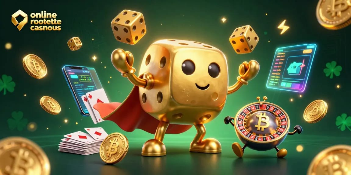 Spin to win with online roulette casinous, featuring a vibrant 3D casino scene with golden dice and crypto coins.