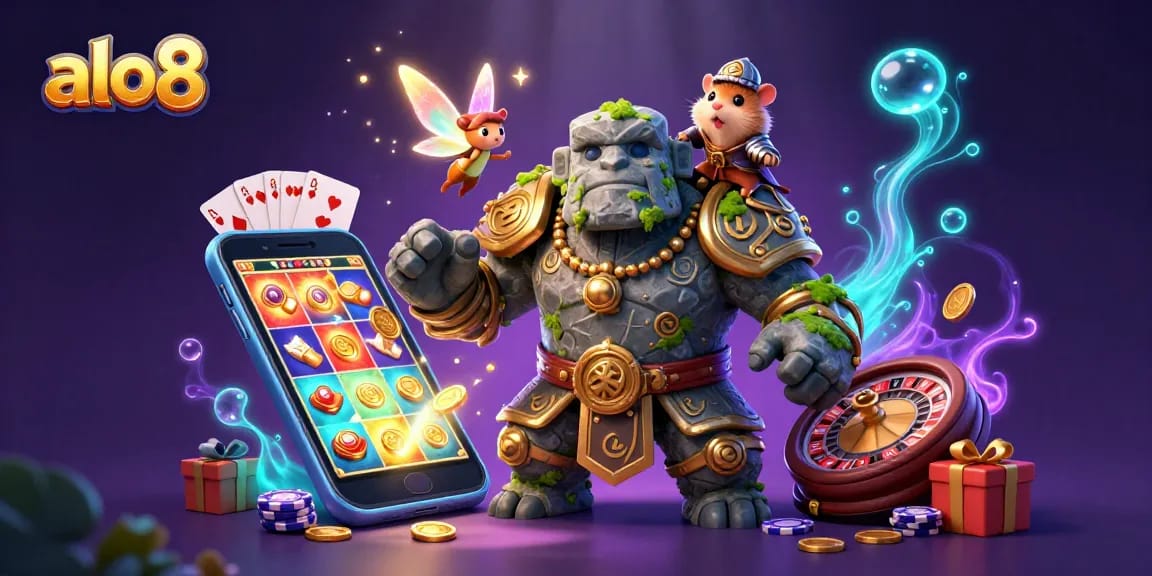 Engage in exciting gaming at alo8 with a dynamic scene showcasing characters amidst vibrant slot games and magical elements.