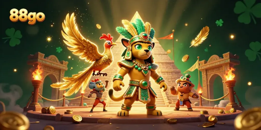 Engage with the vibrant allure of 88go's dynamic gaming scene, featuring a Mayan priest and exotic bird.