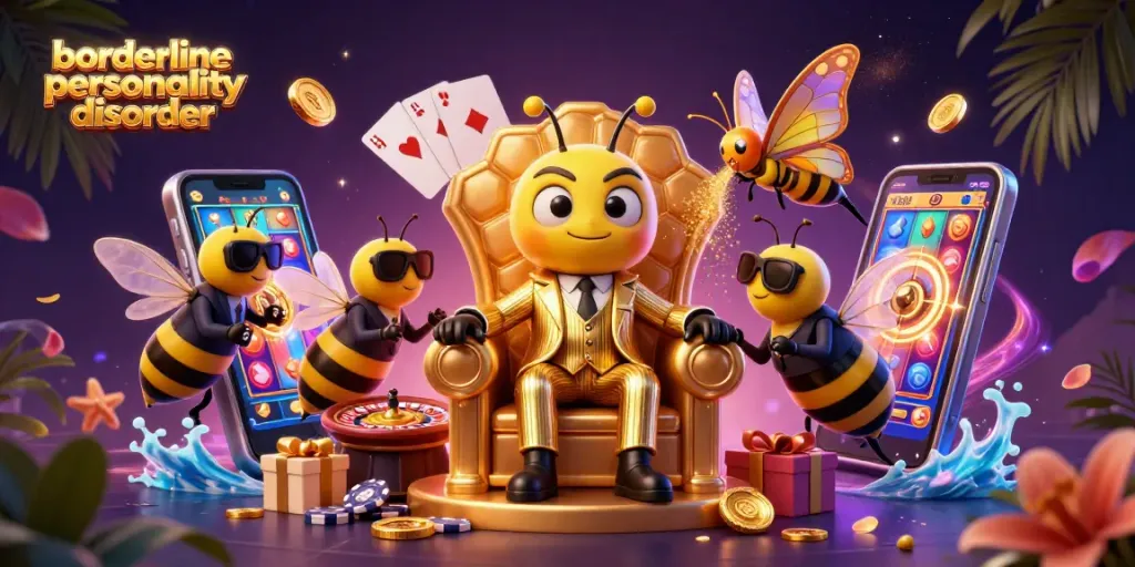 Experience borderline personality disorder in this vibrant casino scene with buzzing characters and dynamic gaming elements.