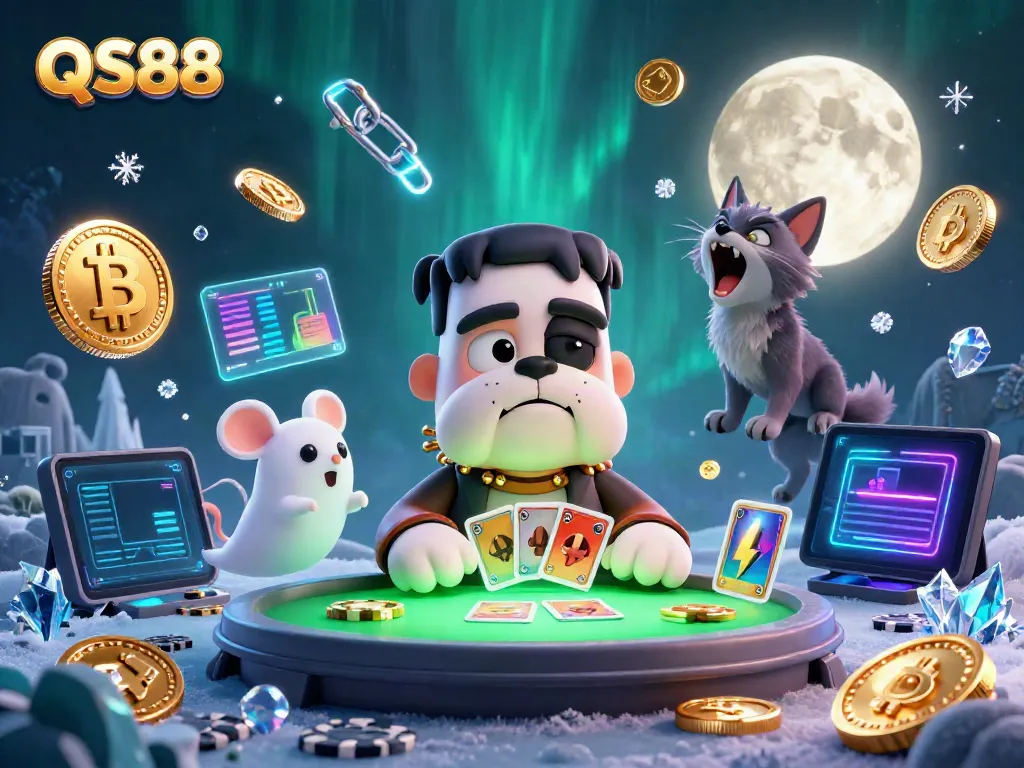 QS88 gaming scene with a Frankenstein bulldog dealing cards and crypto elements