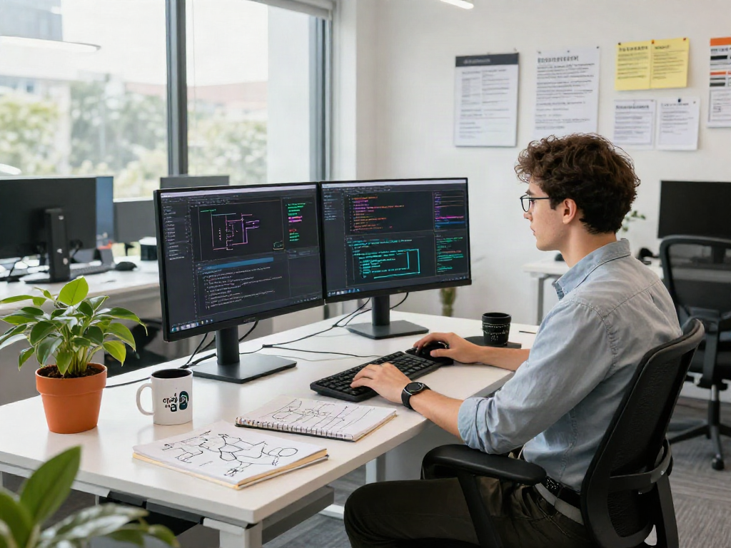 Workspace featuring a developer coding AI algorithms with crushon ai elements in a modern office.
