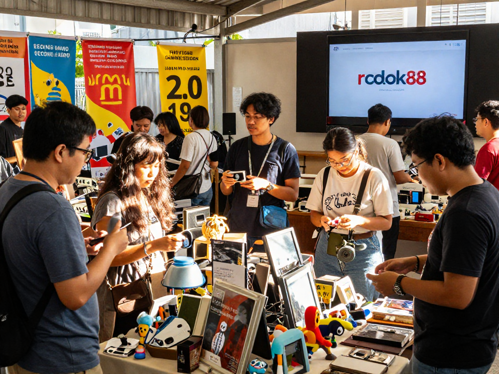 Discovering unique treasures on rokok88 in a vibrant second-hand marketplace, shoppers engage with colorful vintage items.
