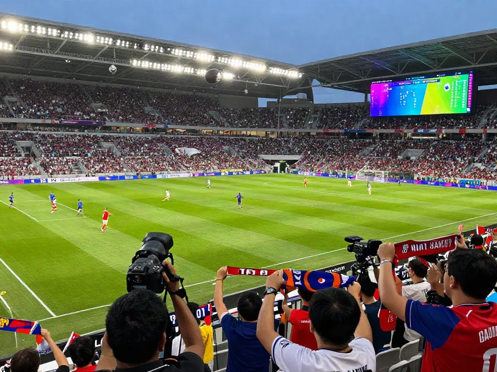 Exciting scene of bóng đá cakhiatv live football match with energetic fans and players in action.