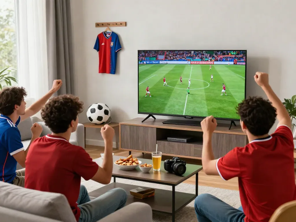 Excited fans watching a football match on trang bóng thapcamtv in a lively living room.