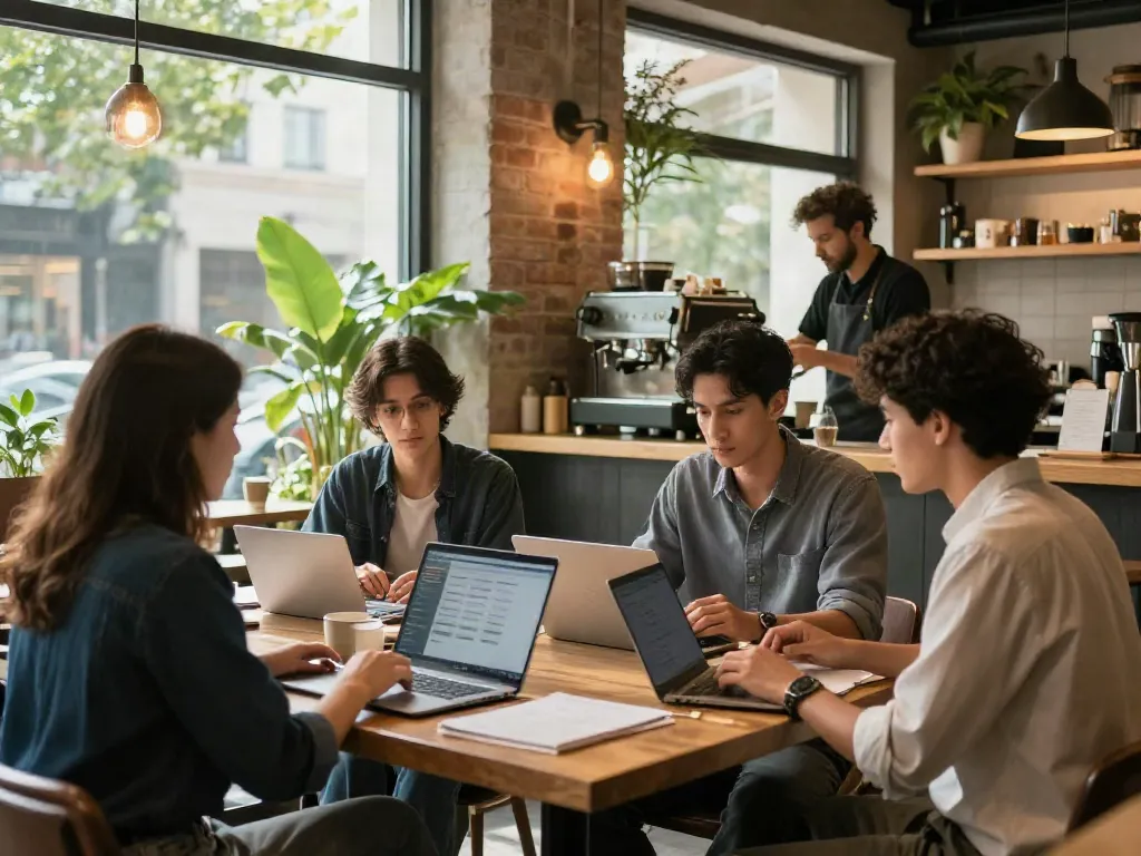 Young professionals collaborating in a dynamic café environment reflecting the energy of https://hustleoverentitlement.com.