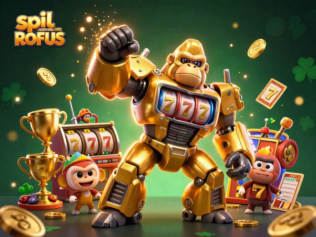 Engage in spil casino uden om ROFUS with a vibrant 3D illustration featuring a golden gorilla mech, slot reels, and dynamic gaming elements.