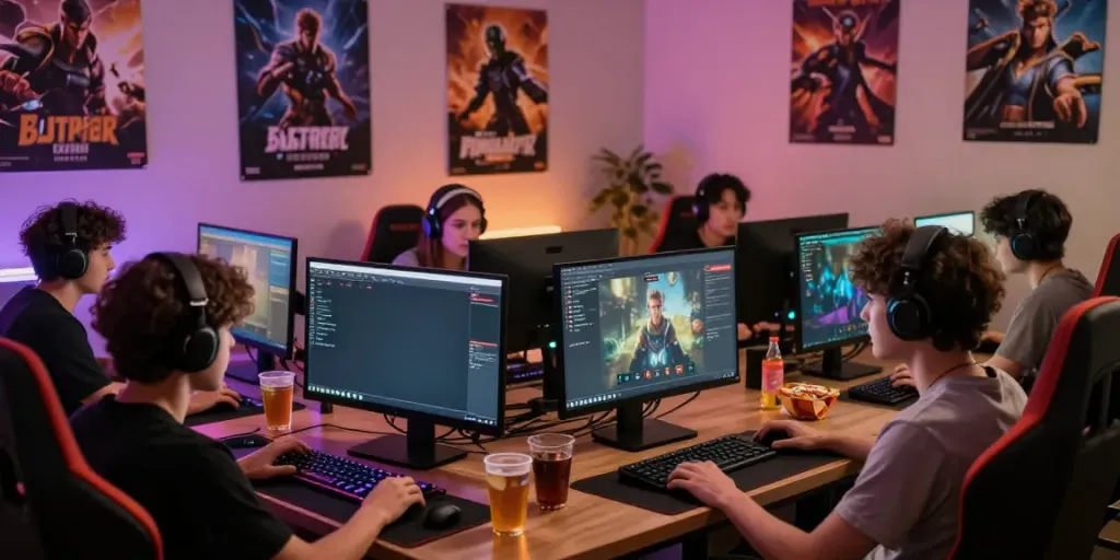 Group of friends engaging in rokok88 gaming session with snacks and vibrant LED lights.