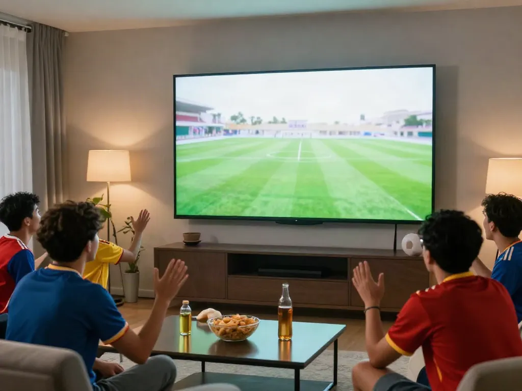 Excited fans enjoying bóng đá xoilactv in a lively living room during a match.