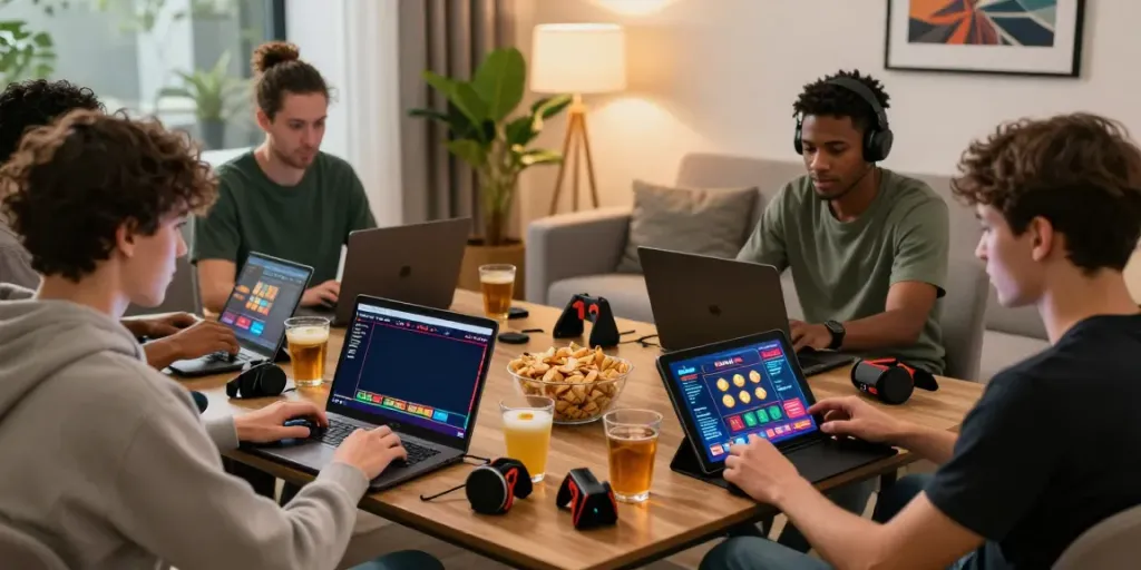 UK players enjoying an engaging gaming session at credit card casinos in a cozy living room setting.