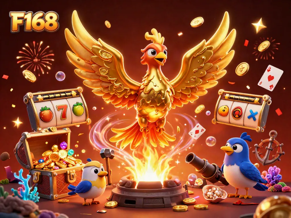 Experience F168’s vibrant casino atmosphere with a molten phoenix and dynamic gaming elements.