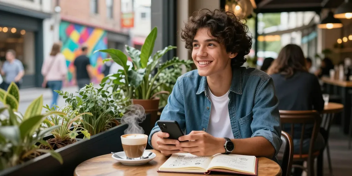 Youthful individual dreaming of a crush on someone while enjoying coffee at a trendy café.