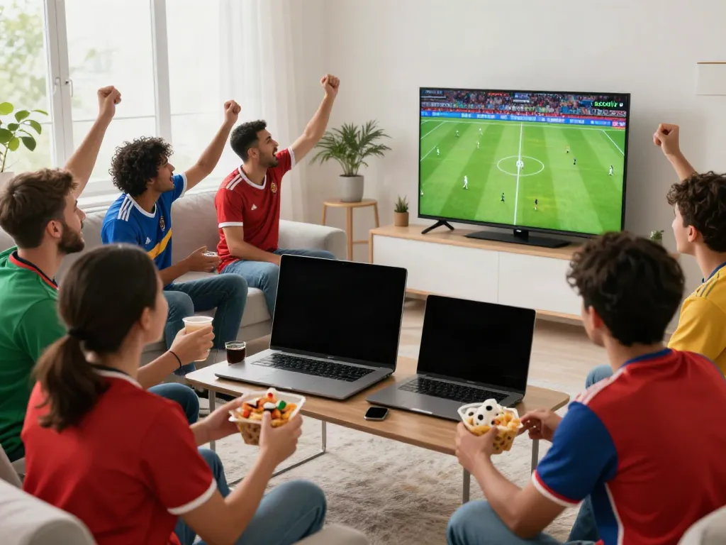 Excited fans watching bóng đá socolive matches together in a bright living room.