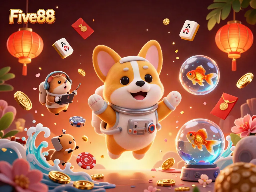 Experience the excitement of Five88 with floating chips and coins in a dynamic casino setting.