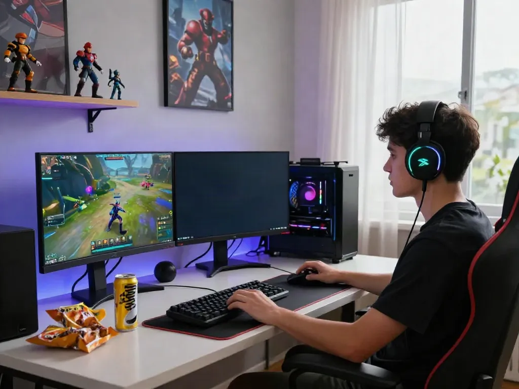 Youth engaged in gaming at a desk with rokok88 branding and vibrant graphics