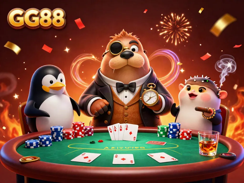 Engage with the thrilling GG88 poker experience featuring whimsical characters and vibrant casino elements.