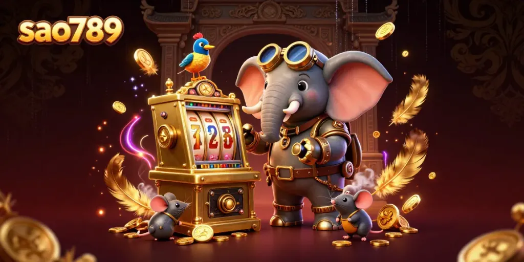 Engage with the exciting sao789 slot machine scene featuring a steampunk elephant engineer, colorful gaming elements, and immersive details.