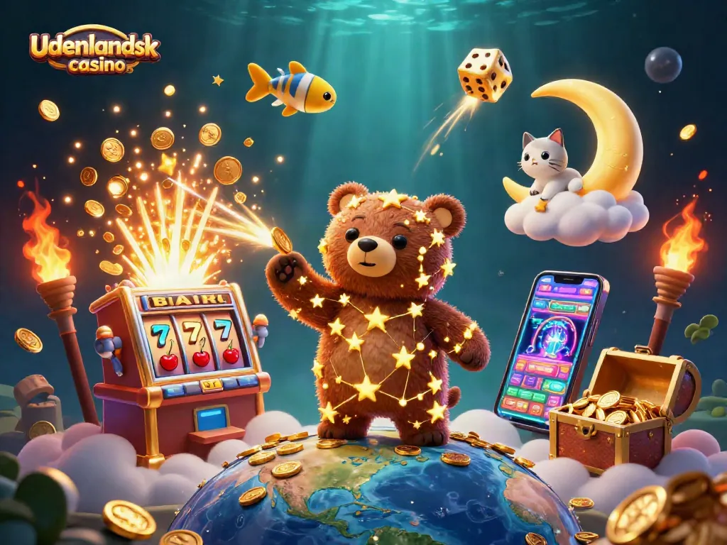 Play at an udenlandsk casino with vibrant 3D illustrations of jackpots and exciting games.