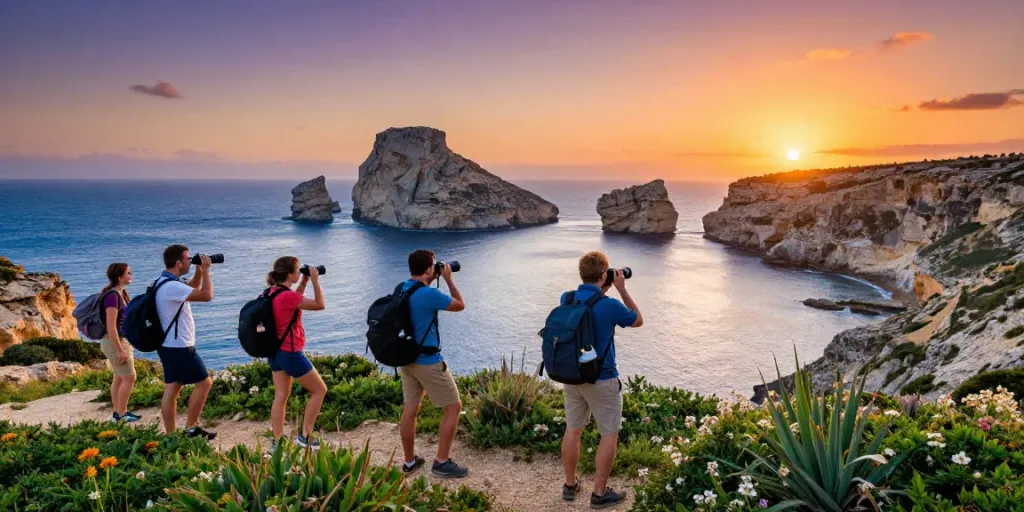 Engaging gozo tours experience with travelers exploring stunning cliffs at sunset.