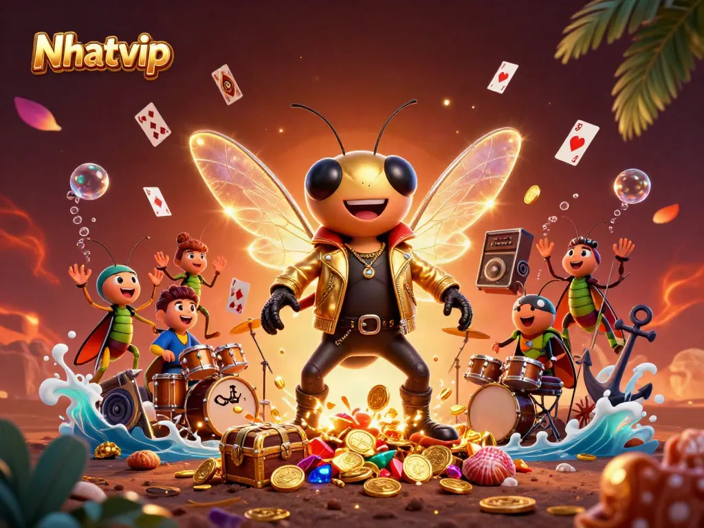 Nhatvip's vibrant casino scene with a rock star cicada, gold coins, and playing cards in a dynamic composition