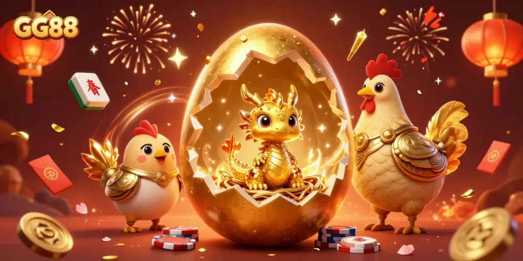 Experience the excitement of GG88 with a golden dragon bursting from a treasure nest in a vibrant casino scene.