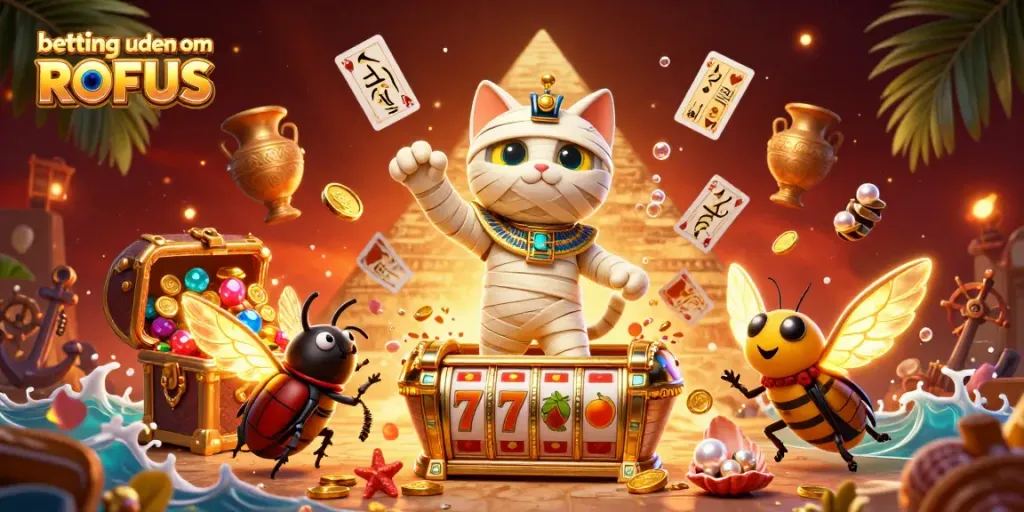 Engage in betting uden om ROFUS with a vibrant 3D illustration showcasing casino elements and adventure.