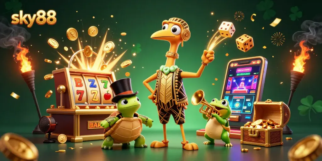 Experience excitement with sky88's dynamic casino scene featuring vibrant characters and gaming elements.