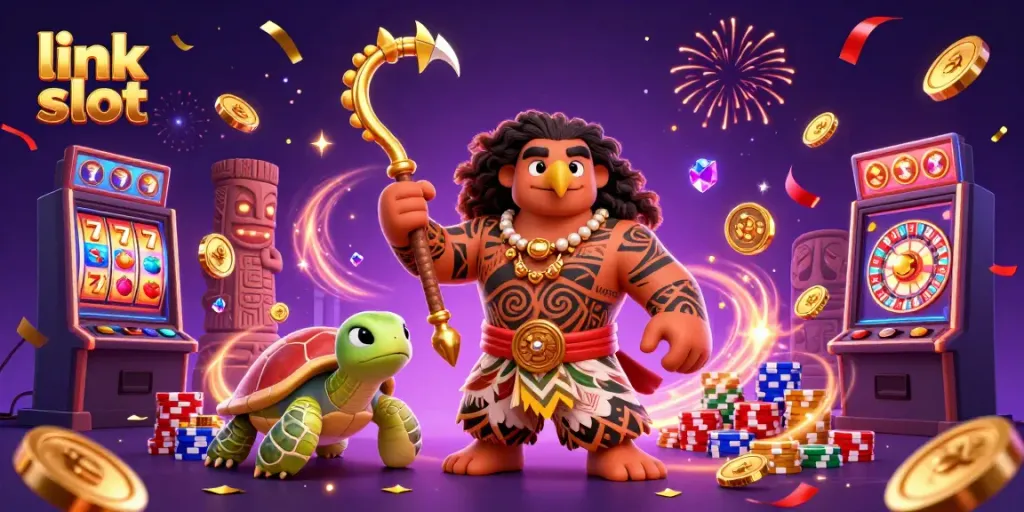 Spin the lucky link slot reels with vibrant gems and golden coins flying everywhere.