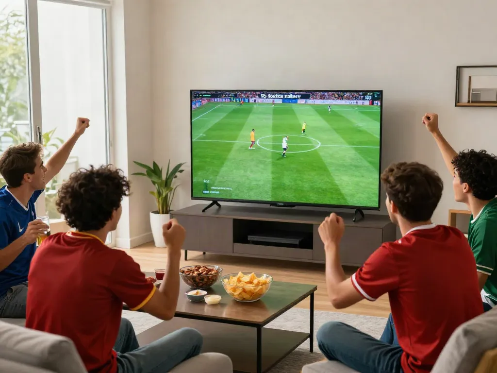 Friends enjoying a lively bóng đá xoilactv match in a cozy living room.