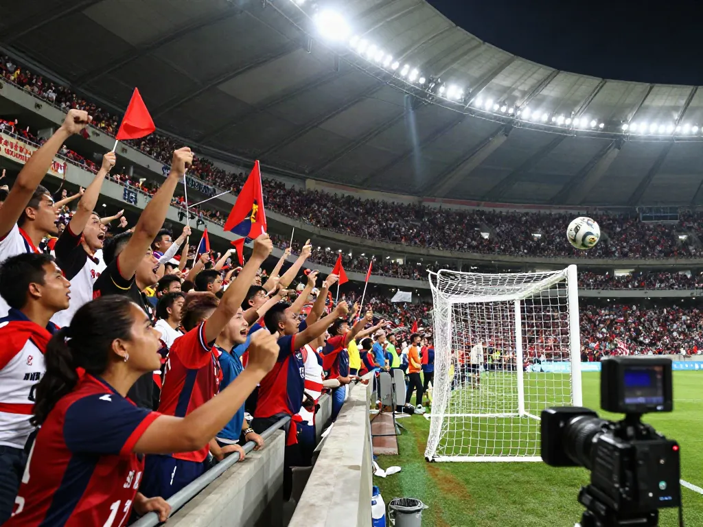 Exciting moment of bóng đá cakhiatv with enthusiastic fans, a player striking the ball in a vibrant stadium.