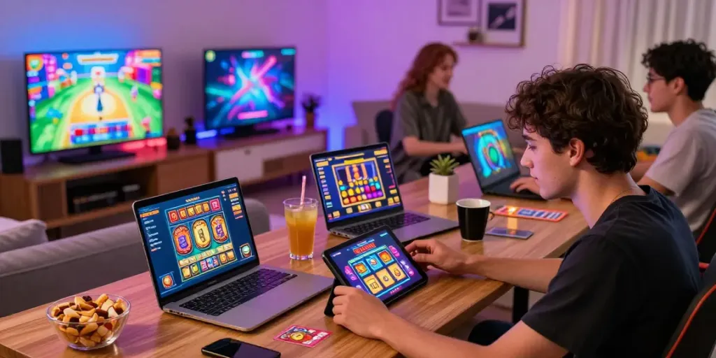 Exciting gaming scene on ROKOK88 platform with players enjoying diverse games in a vibrant environment.