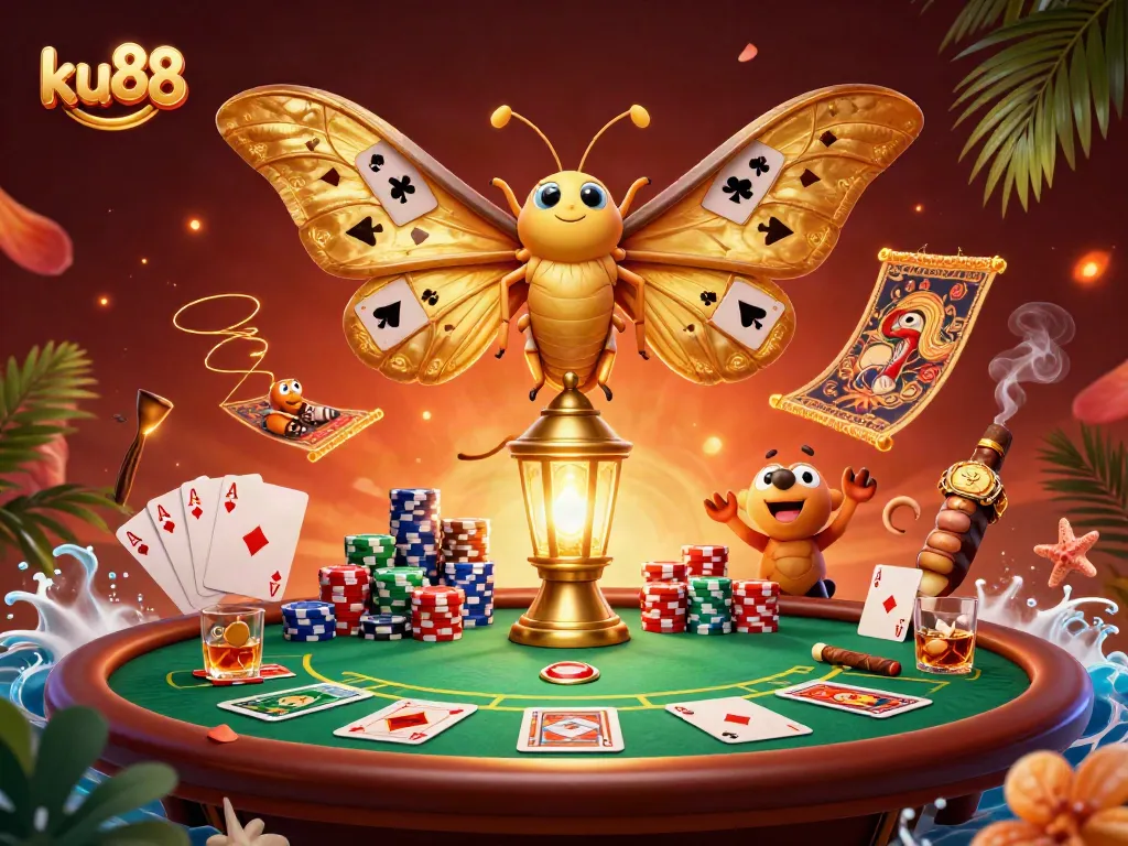 Experience thrilling gaming with ku88 featuring an ultra-detailed 3D scene of cards and vibrant casino elements.