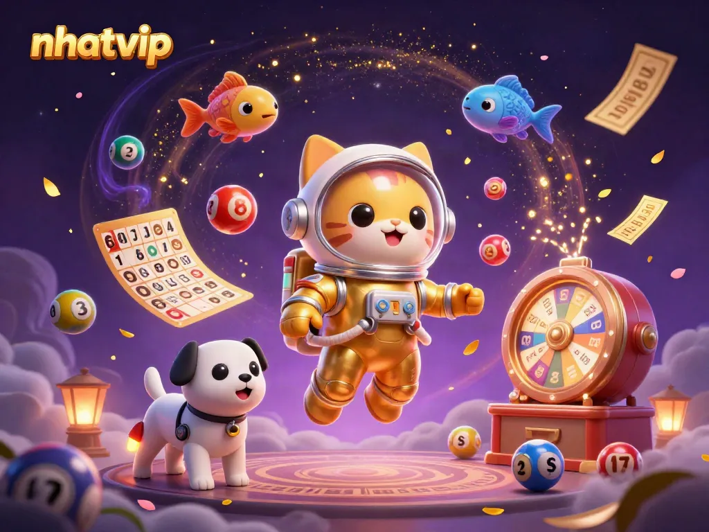 Nhatvip brings fun with a 3D cartoon cat astronaut and vibrant lottery elements floating in outer space.