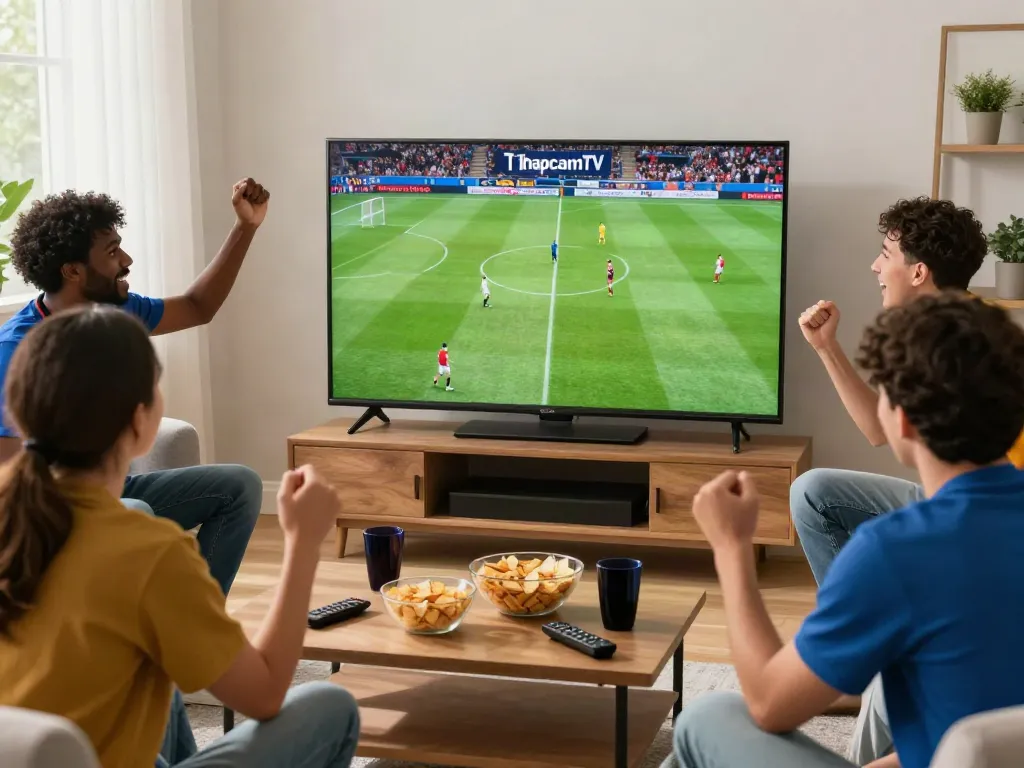 Fans enjoying a thrilling match on trang bóng thapcamtv from the comfort of home, surrounded by snacks and excitement.