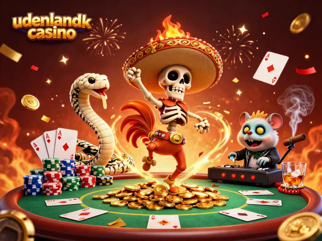 Winning at udenlandsk casino with a vibrant scene of characters and game elements celebrating together.