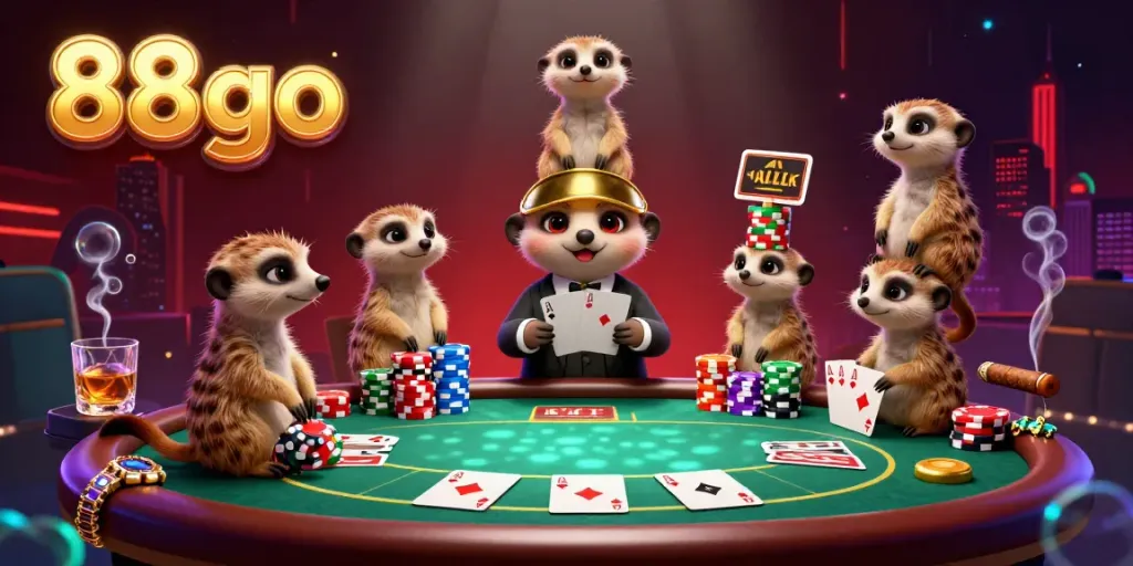 Experience excitement at 88go casino with meerkats dealing cards and chips in a vibrant setting.