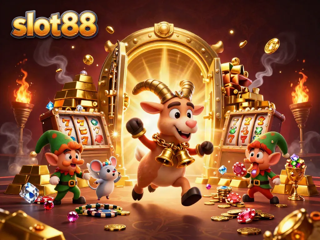 Engage with slot88 through a vibrant casino scene with playful characters amidst jackpot excitement.