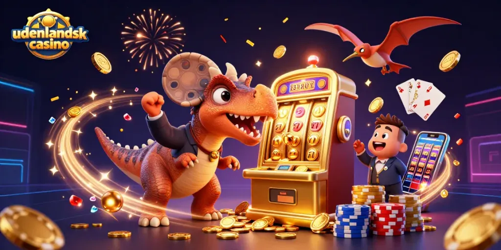 Experience the excitement of udenlandsk casino with dynamic 3D characters and flying coins.