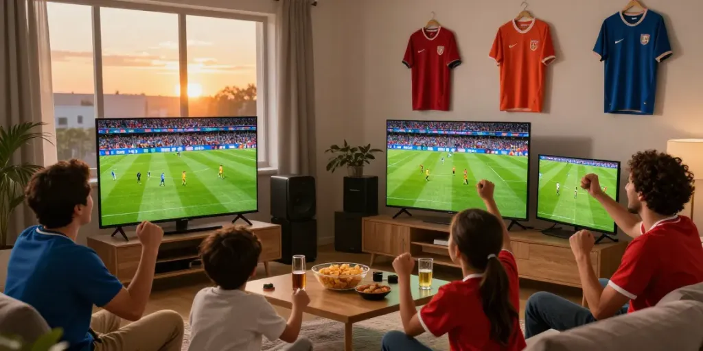 Socolive full HD streaming scene with football fans enjoying a live match together.