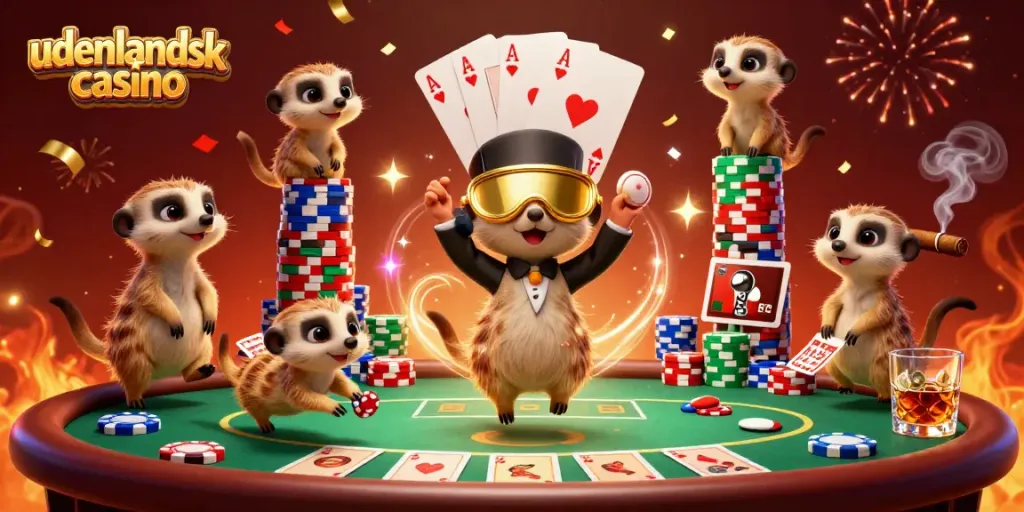 Engage in an exciting udenlandsk casino experience with meerkats managing games and chips, full of action.
