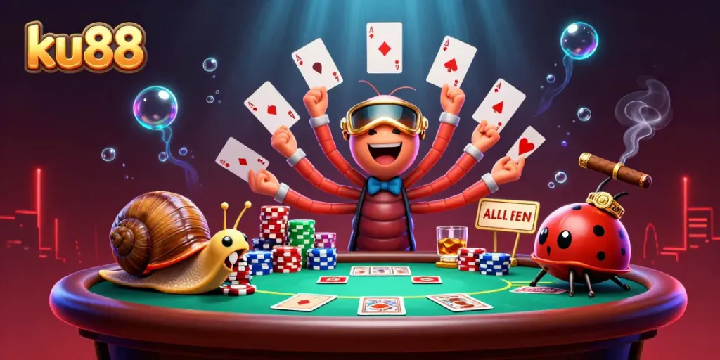 Players engaging in exciting poker action with ku88, as a colorful dealer showcases a dazzling array of cards.