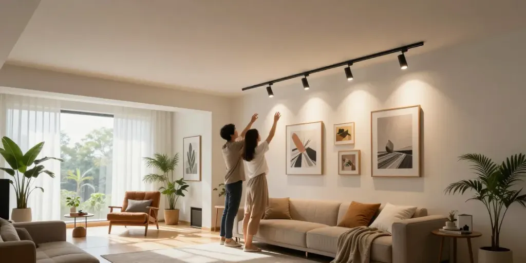 Iluminat modern cu sina magnetică încastrată, cu spoturi LED ajustabile în interior elegant.