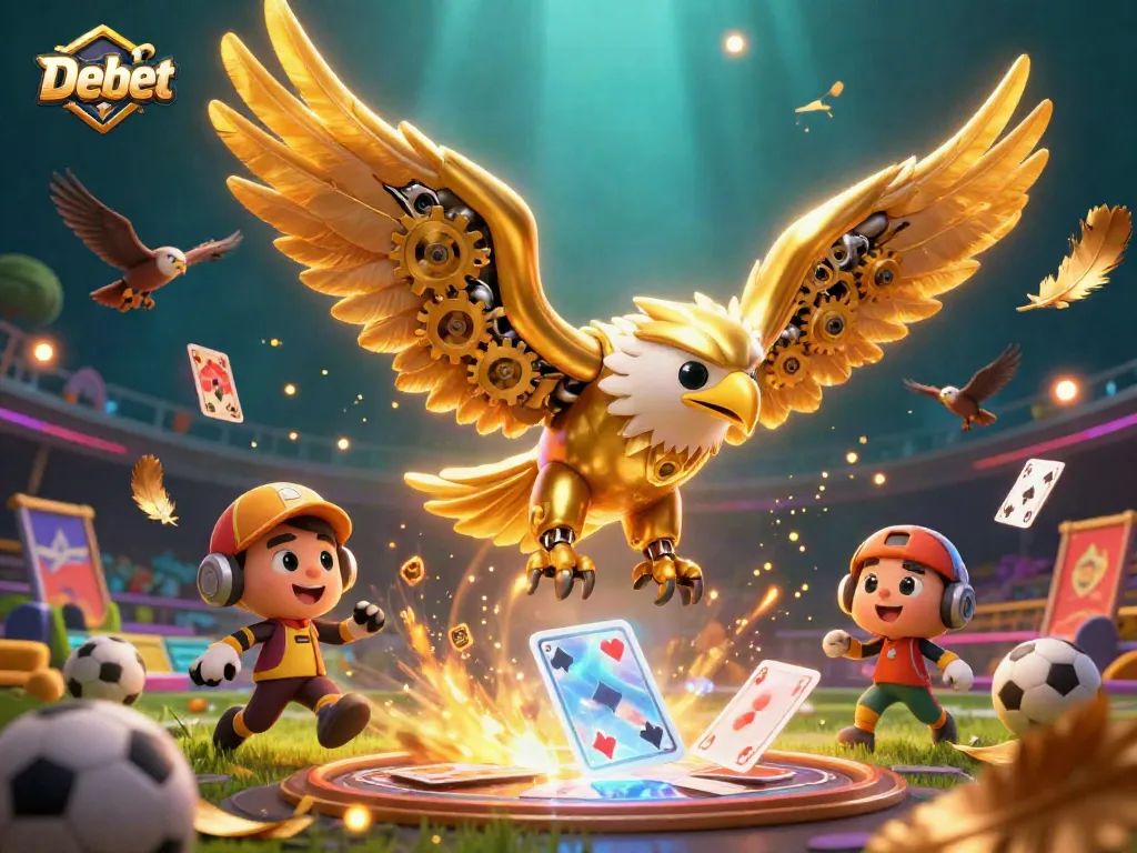 Bet on Debet with a dramatic dive of a cybernetic eagle through sports-themed cards.