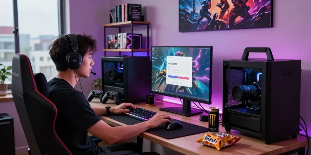 Gamer in action using rokok88 login in a vibrant modern gaming setup with LED lights.
