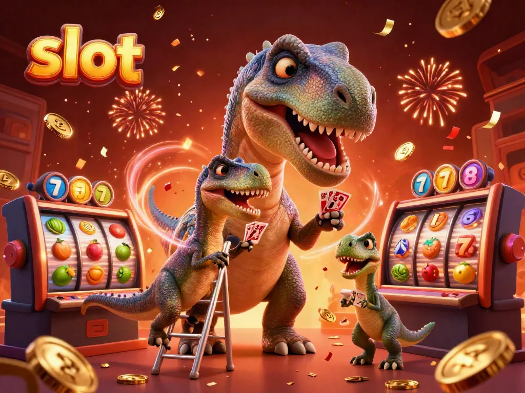 Experience thrilling slot gameplay with a whimsical dinosaur dealing cards amidst vibrant casino elements.