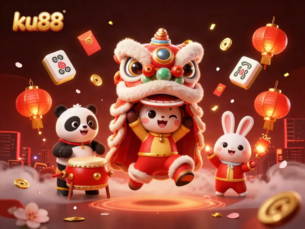 ku88 showcases an exciting festival-themed casino illustration, filled with vibrant characters and gaming elements.