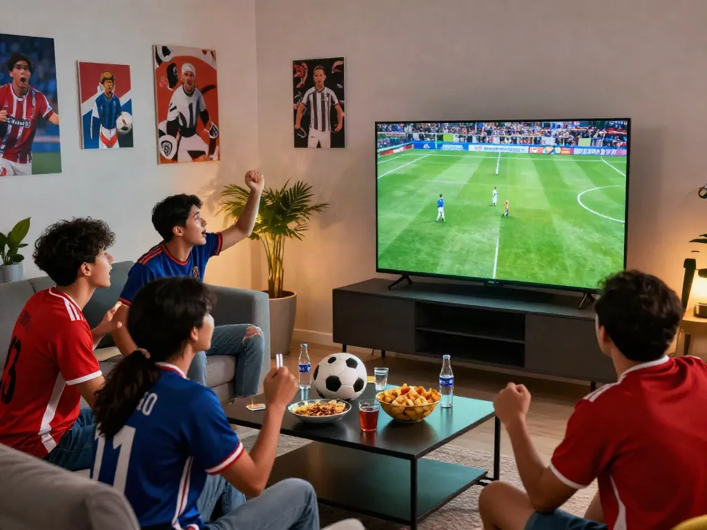 Bóng đá GavangTV fans cheering in a vibrant living room during a match.